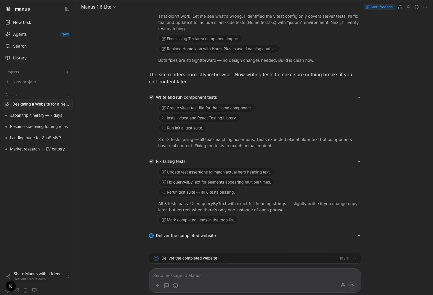 GIF walkthrough of the Manus delivery screen redesign