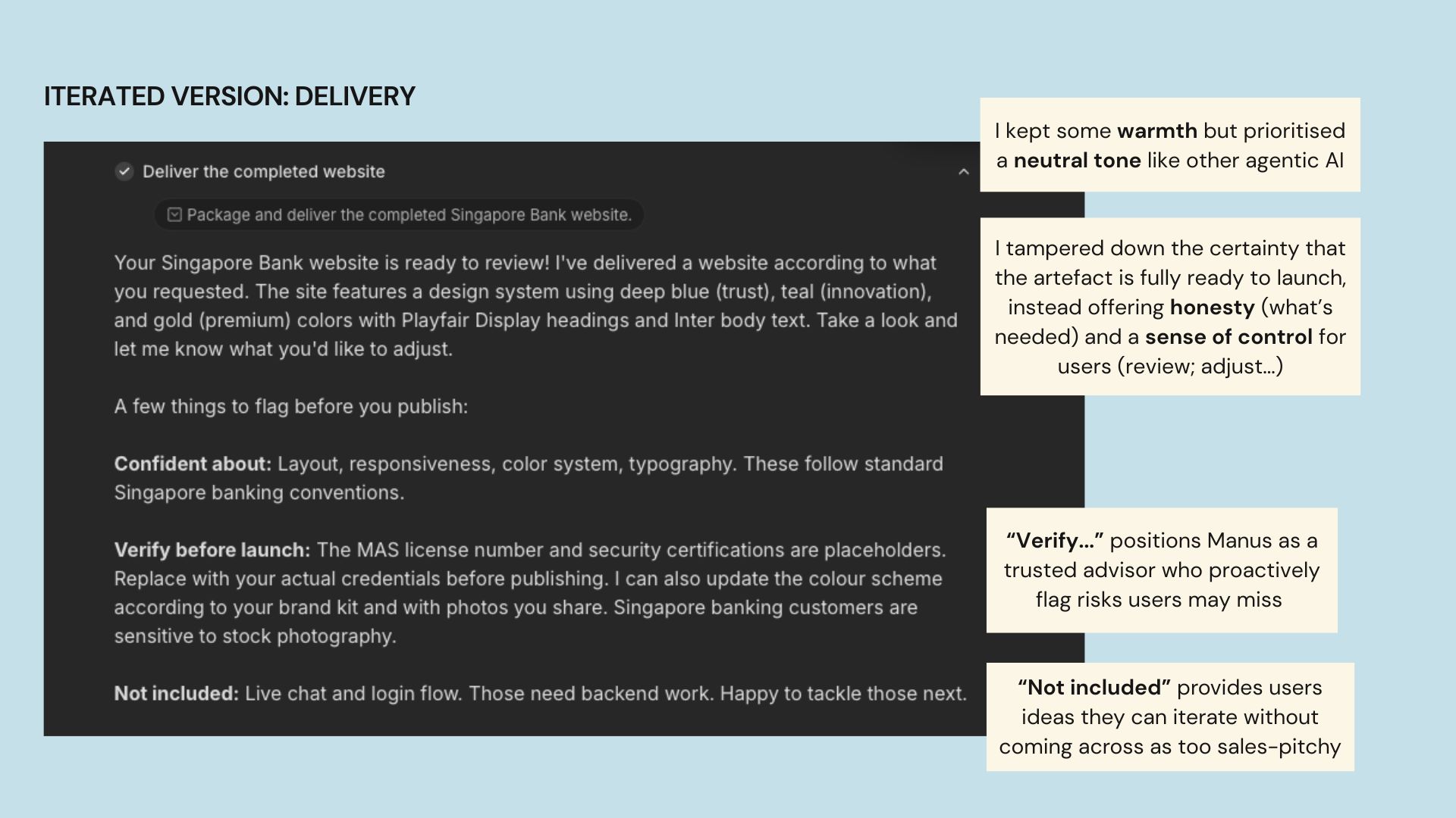 Redesigned Manus conversational copy