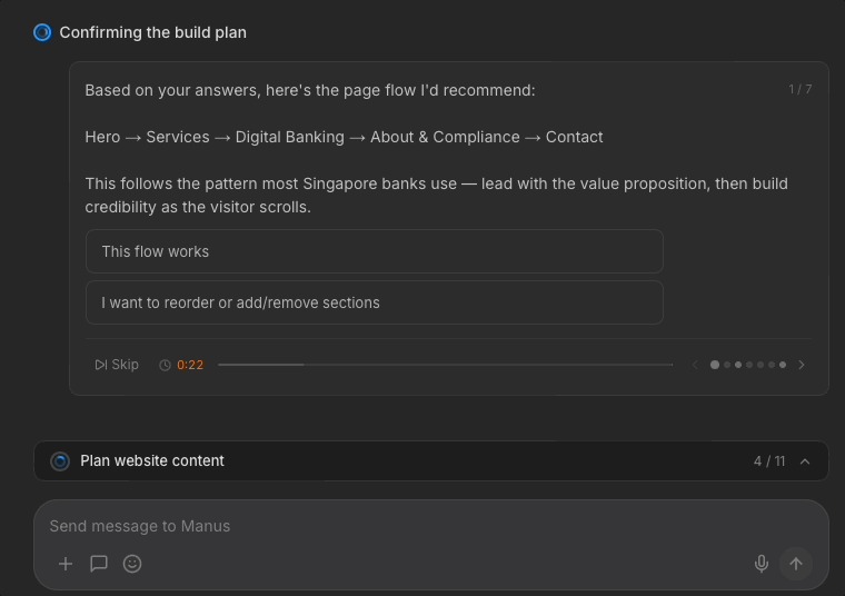 Manus progressive question component with timer