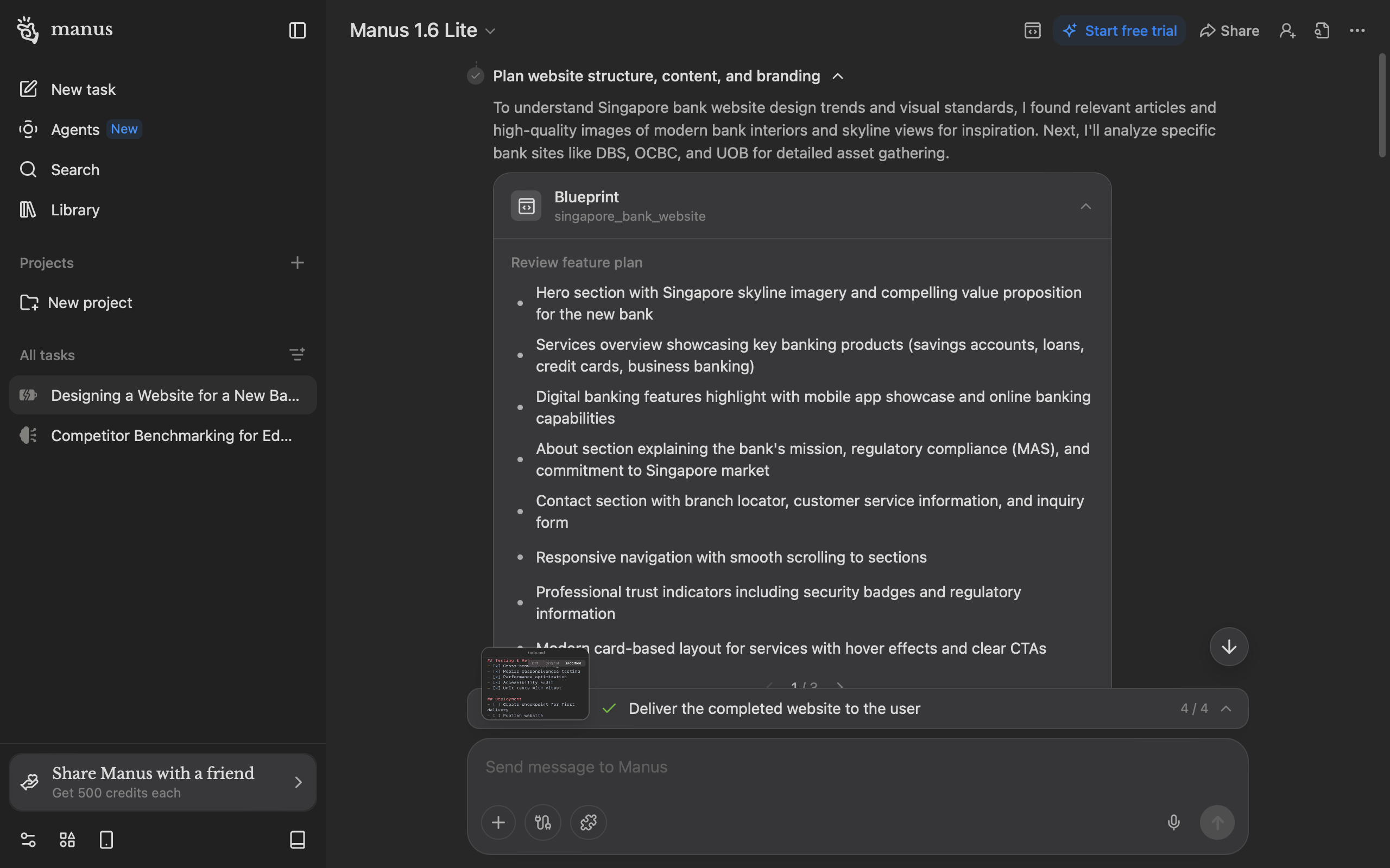 Manus current pre-build checkpoint showing 8 bullet points